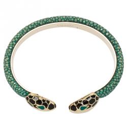 Pre Owned Bvlgari Serpenti Forever Enamel & Green Galuchat Leather Gold Plated Open Cuff Bracelet 17cm