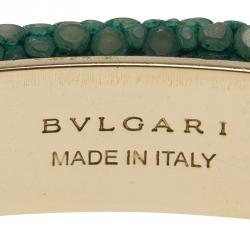 Pre Owned Bvlgari Serpenti Forever Enamel & Green Galuchat Leather Gold Plated Open Cuff Bracelet 17cm