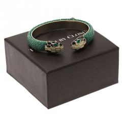Pre Owned Bvlgari Serpenti Forever Enamel & Green Galuchat Leather Gold Plated Open Cuff Bracelet 17cm