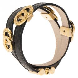 Pre Owned Bvlgari Bvlgari Black Embossed Leather Rose Gold Plated Double - Coiled Bracelet 17cm