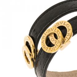 Pre Owned Bvlgari Bvlgari Black Embossed Leather Rose Gold Plated Double - Coiled Bracelet 17cm
