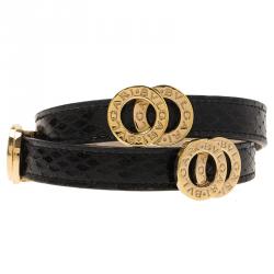 Pre Owned Bvlgari Bvlgari Black Embossed Leather Rose Gold Plated Double - Coiled Bracelet 17cm