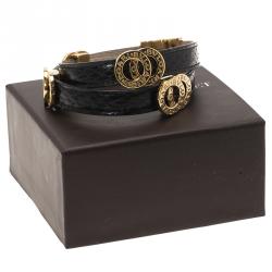Pre Owned Bvlgari Bvlgari Black Embossed Leather Rose Gold Plated Double - Coiled Bracelet 17cm