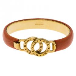 Pre Owned Bvlgari Bvlgari Coral Leather Gold Tone Bangle Bracelet 17cm