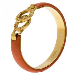 Pre Owned Bvlgari Bvlgari Coral Leather Gold Tone Bangle Bracelet 17cm