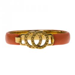 Pre Owned Bvlgari Bvlgari Coral Leather Gold Tone Bangle Bracelet 17cm
