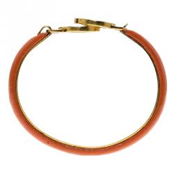 Pre Owned Bvlgari Bvlgari Coral Leather Gold Tone Bangle Bracelet 17cm