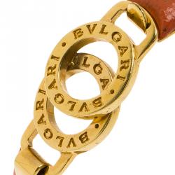 Pre Owned Bvlgari Bvlgari Coral Leather Gold Tone Bangle Bracelet 17cm