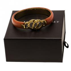 Pre Owned Bvlgari Bvlgari Coral Leather Gold Tone Bangle Bracelet 17cm