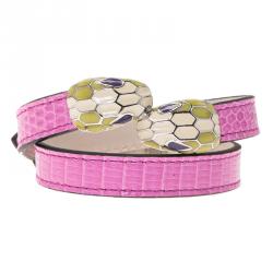 Pre Owned Bvlgari Serpenti Pink Lizard Leather Double Coiled Bracelet