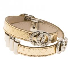 Pre Owned Bvlgari Bvlgari Metallic Gold Embossed Leather Palladium Plated Double Coiled Bracelet 16cm