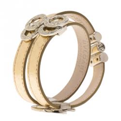 Pre Owned Bvlgari Bvlgari Metallic Gold Embossed Leather Palladium Plated Double Coiled Bracelet 16cm