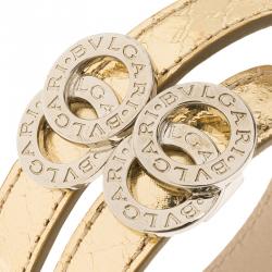 Pre Owned Bvlgari Bvlgari Metallic Gold Embossed Leather Palladium Plated Double Coiled Bracelet 16cm