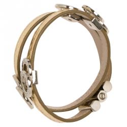 Pre Owned Bvlgari Bvlgari Metallic Gold Embossed Leather Palladium Plated Double Coiled Bracelet 16cm