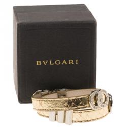 Pre Owned Bvlgari Bvlgari Metallic Gold Embossed Leather Palladium Plated Double Coiled Bracelet 16cm