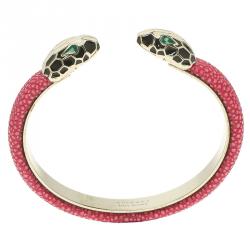 Bvlgari Serpenti Forever Enamel & Pink Galuchat Leather Gold Plated Open Cuff Bracelet 17 cm