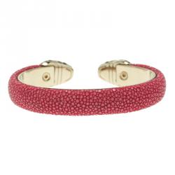 Bvlgari Serpenti Forever Enamel & Pink Galuchat Leather Gold Plated Open Cuff Bracelet 17 cm