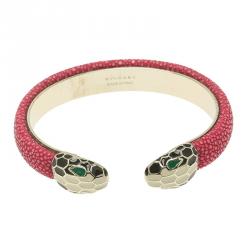 Bvlgari Serpenti Forever Enamel & Pink Galuchat Leather Gold Plated Open Cuff Bracelet 17 cm
