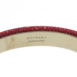 Bvlgari Serpenti Forever Enamel & Pink Galuchat Leather Gold Plated Open Cuff Bracelet 17 cm