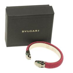 Bvlgari Serpenti Forever Enamel & Pink Galuchat Leather Gold Plated Open Cuff Bracelet 17 cm