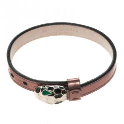 Pre Owned Bvlgari Serpenti Forever Antique Pink Metallic Leather Enamel Gold Plated Bracelet