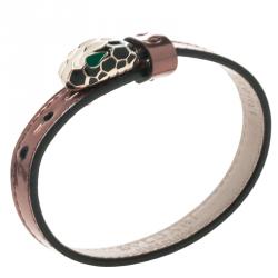 Pre Owned Bvlgari Serpenti Forever Antique Pink Metallic Leather Enamel Gold Plated Bracelet