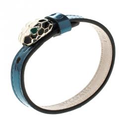 Bvlgari Serpenti Enamel Gold Plated Metallic Blue Leather Bracelet