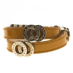 Bvlgari Brown Leather Double Coiled Gold Plated Bracelet 16cm