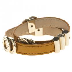 Bvlgari Brown Leather Double Coiled Gold Plated Bracelet 16cm