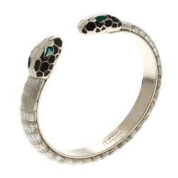 Pre Owned Bvlgari Serpenti Enamel Leather Gold Plated Open Cuff Bracelet Size 17cm