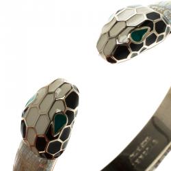 Pre Owned Bvlgari Serpenti Enamel Leather Gold Plated Open Cuff Bracelet Size 17cm