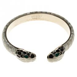 Pre Owned Bvlgari Serpenti Enamel Leather Gold Plated Open Cuff Bracelet Size 17cm