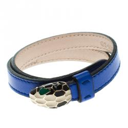 Pre Owned Bvlgari Serpenti Forever Enamel Blue Double Coiled Leather Gold Plated Bracelet