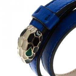 Pre Owned Bvlgari Serpenti Forever Enamel Blue Double Coiled Leather Gold Plated Bracelet
