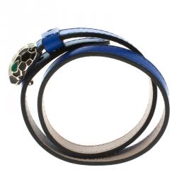 Pre Owned Bvlgari Serpenti Forever Enamel Blue Double Coiled Leather Gold Plated Bracelet