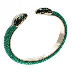 Bvlgari Serpenti Forever Enamel & Green Galuchat Leather Gold Plated Open Cuff Bracelet 17cm
