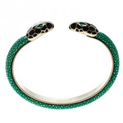 Bvlgari Serpenti Forever Enamel & Green Galuchat Leather Gold Plated Open Cuff Bracelet 17cm