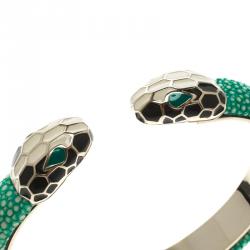 Bvlgari Serpenti Forever Enamel & Green Galuchat Leather Gold Plated Open Cuff Bracelet 17cm