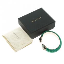 Bvlgari Serpenti Forever Enamel & Green Galuchat Leather Gold Plated Open Cuff Bracelet 17cm