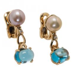 Pre Owned Bvlgari Allegra Akoya Pearl Diamond Blue Topaz Yellow Gold Earrings