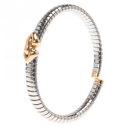 Pre Owned Bvlgari Tubogas Heart Flex Steel and Yellow Gold Bracelet Size 16
