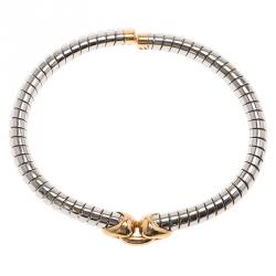 Pre Owned Bvlgari Tubogas Heart Flex Steel and Yellow Gold Bracelet Size 16