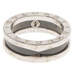 Pre Owned Bvlgari Save the Children 1-Band Black Ceramic Silver Ring Size 52