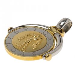 Pre Owned Bvlgari Bvlgari Stainless Steel 18k Yellow Gold Aquarius Zodiac Flip Medallion Pendant