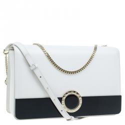 مملوكة مسبقًا حقيبة بلغاري جلد أبيض واسود متوسطة بقلاب