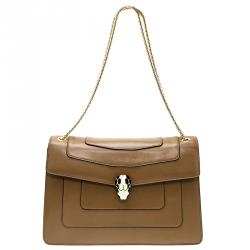 Pre Owned Bvlgari Light Brown Leather Medium Serpenti Flap Shoulder Bag