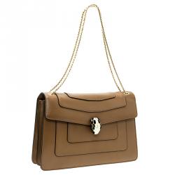 Pre Owned Bvlgari Light Brown Leather Medium Serpenti Flap Shoulder Bag