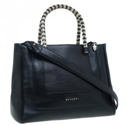 Pre Owned Bvlgari Black Snakeskin and Leather Medium Serpenti Tote