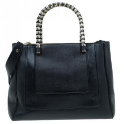Pre Owned Bvlgari Black Snakeskin and Leather Medium Serpenti Tote