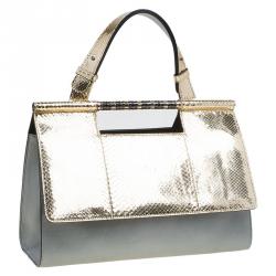 Pre Owned Bvlgari Grey/Gold Leather and Snakeskin Serpenti Scaglie Satchel